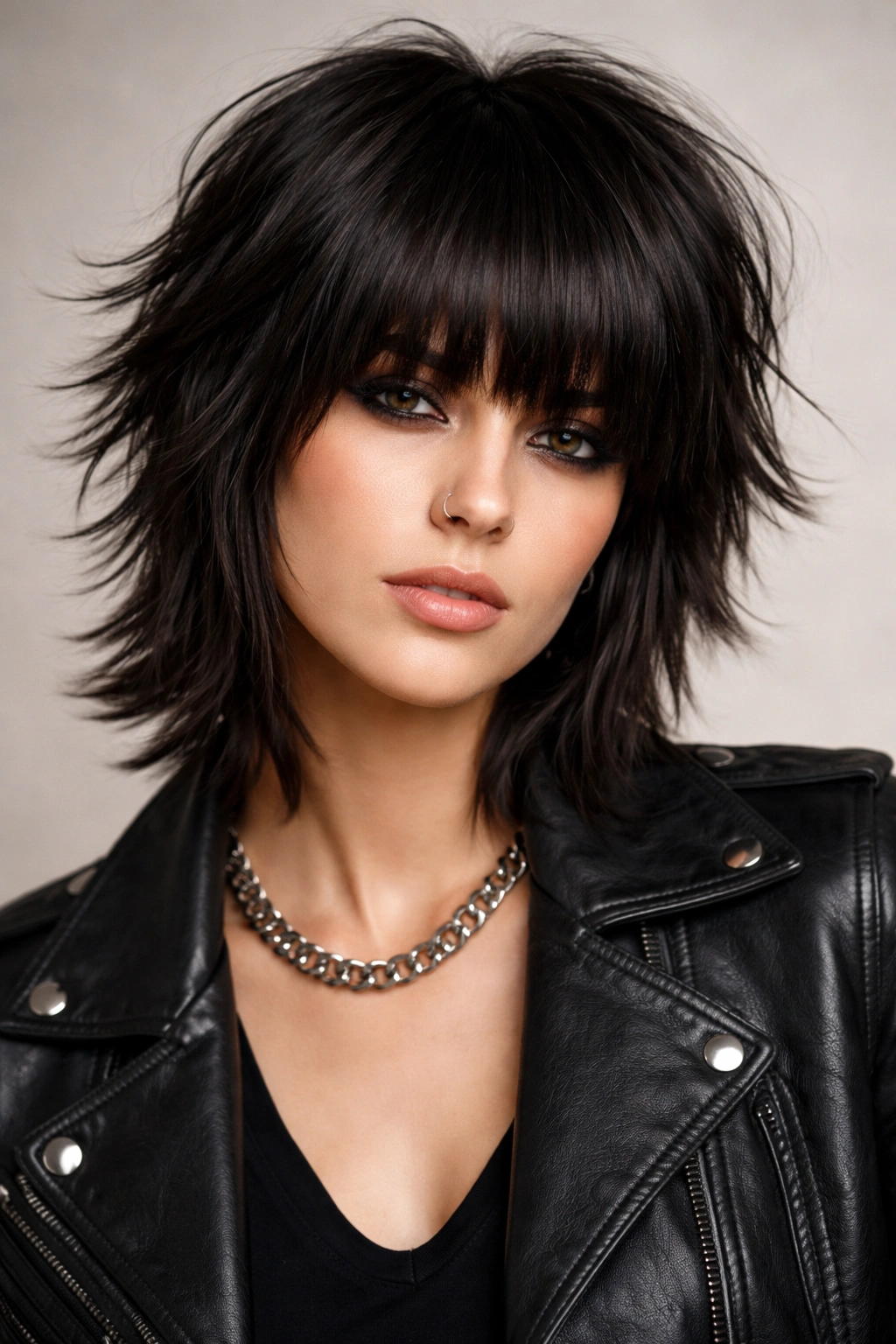 Rocker-chic hairstyle with choppy layers and blunt bangs
