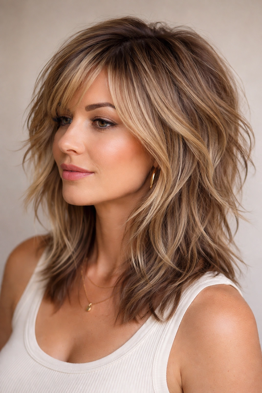 Close-up of choppy textured hair with multiple layers and volume