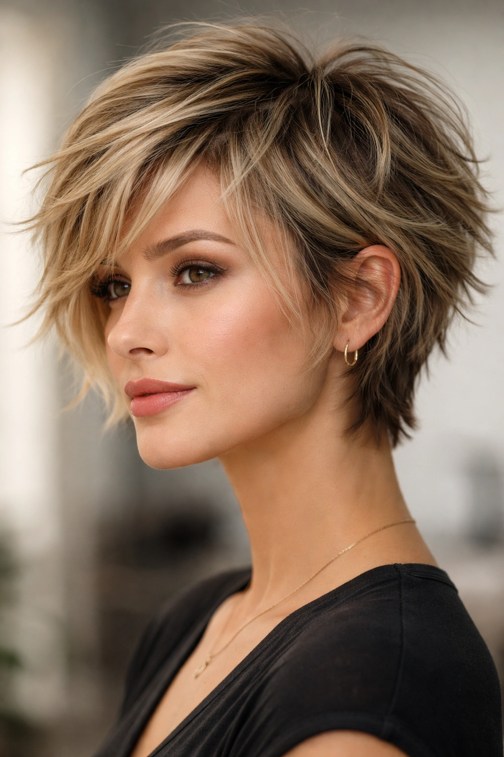 Short hairstyle with uneven choppy layers and textured ends
