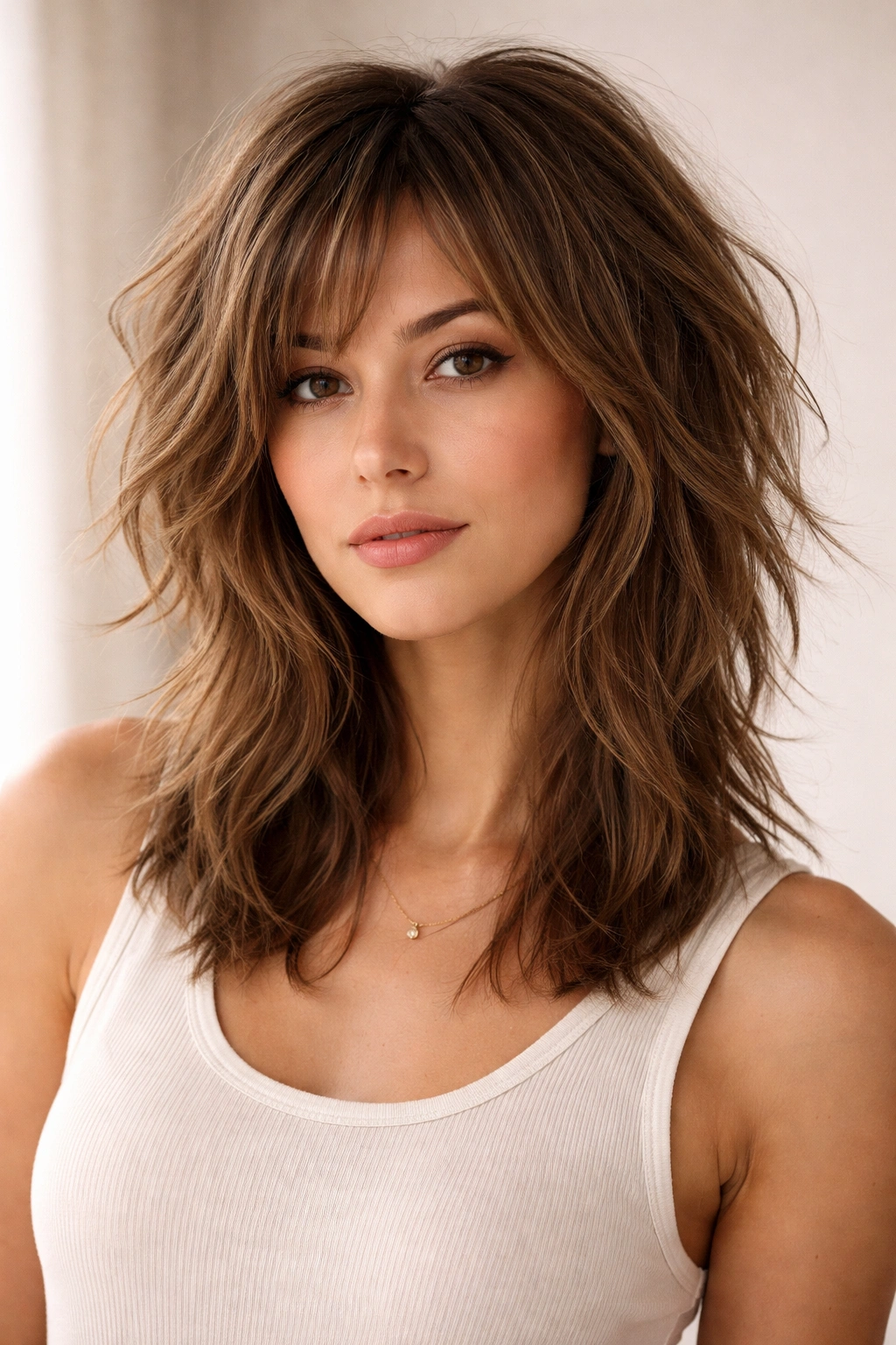 Hair with choppy uneven layers across length in portrait