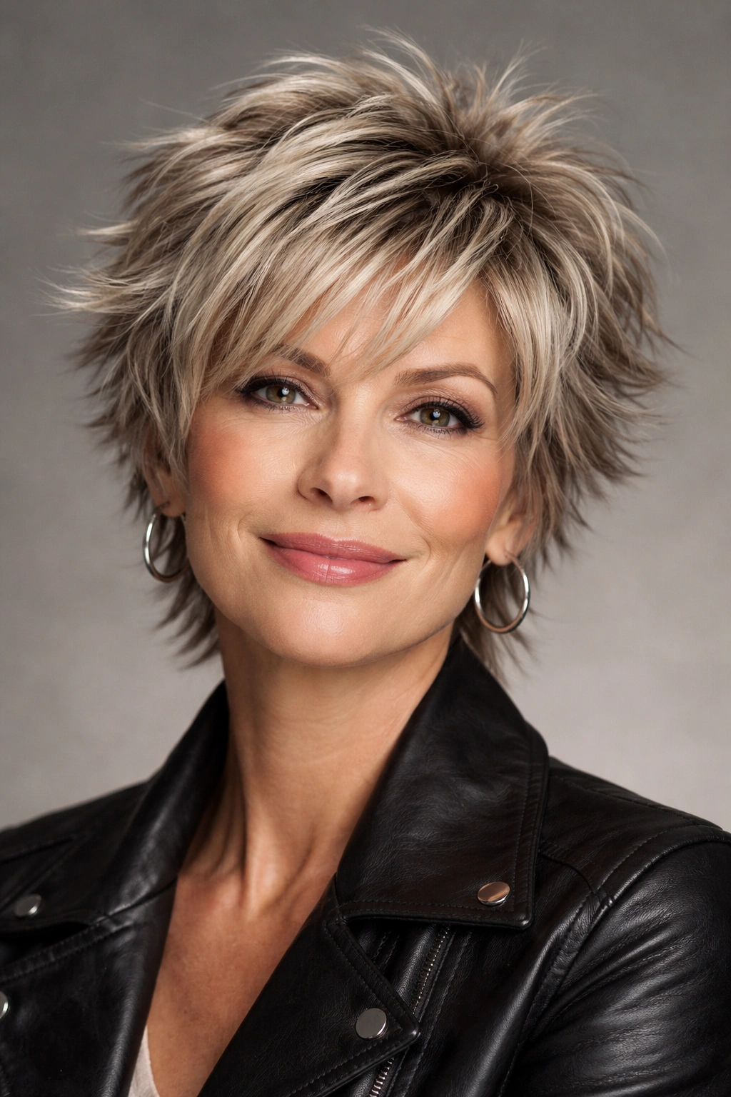 Close-up portrait of a woman with a bold choppy layered short haircut, textured volume
