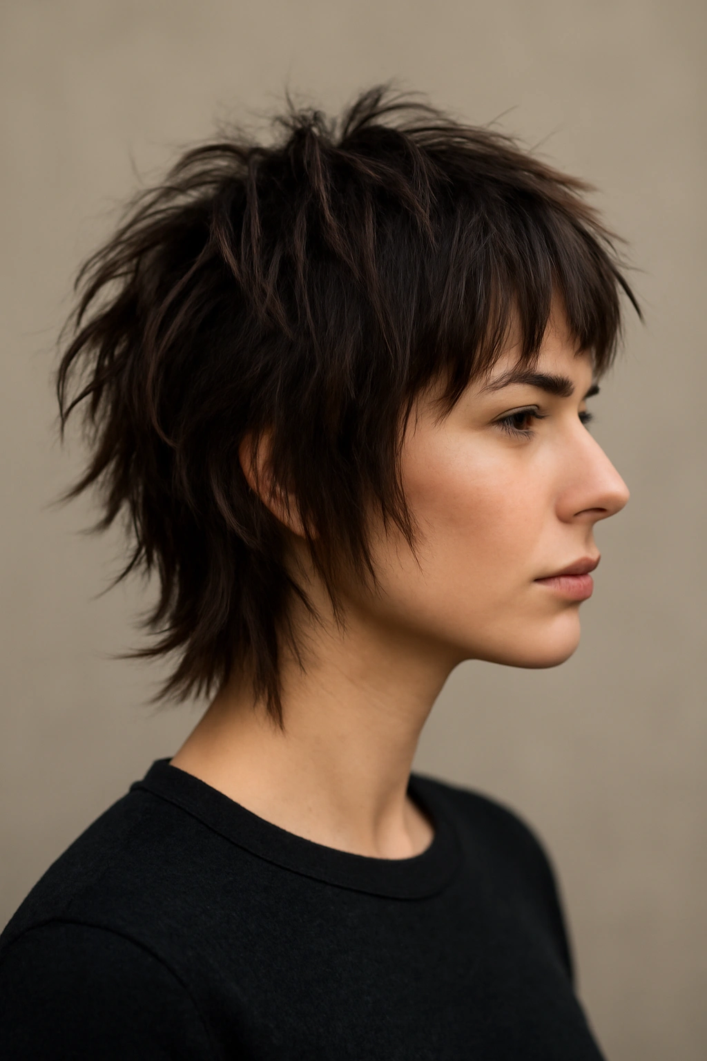 Choppy layers hairstyle with uneven, textured strands.
