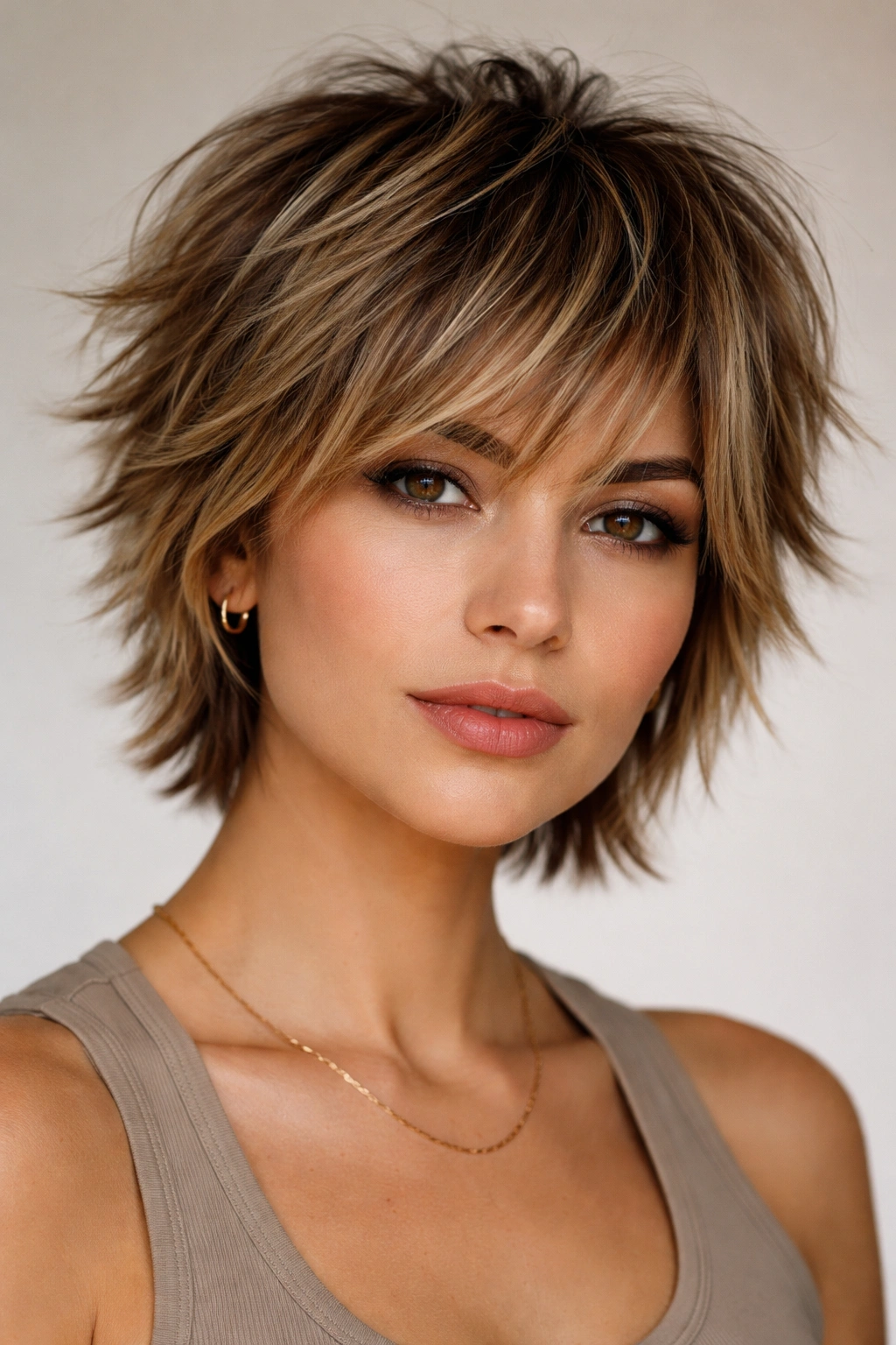Choppy short layers hairstyle with visible length steps and texture