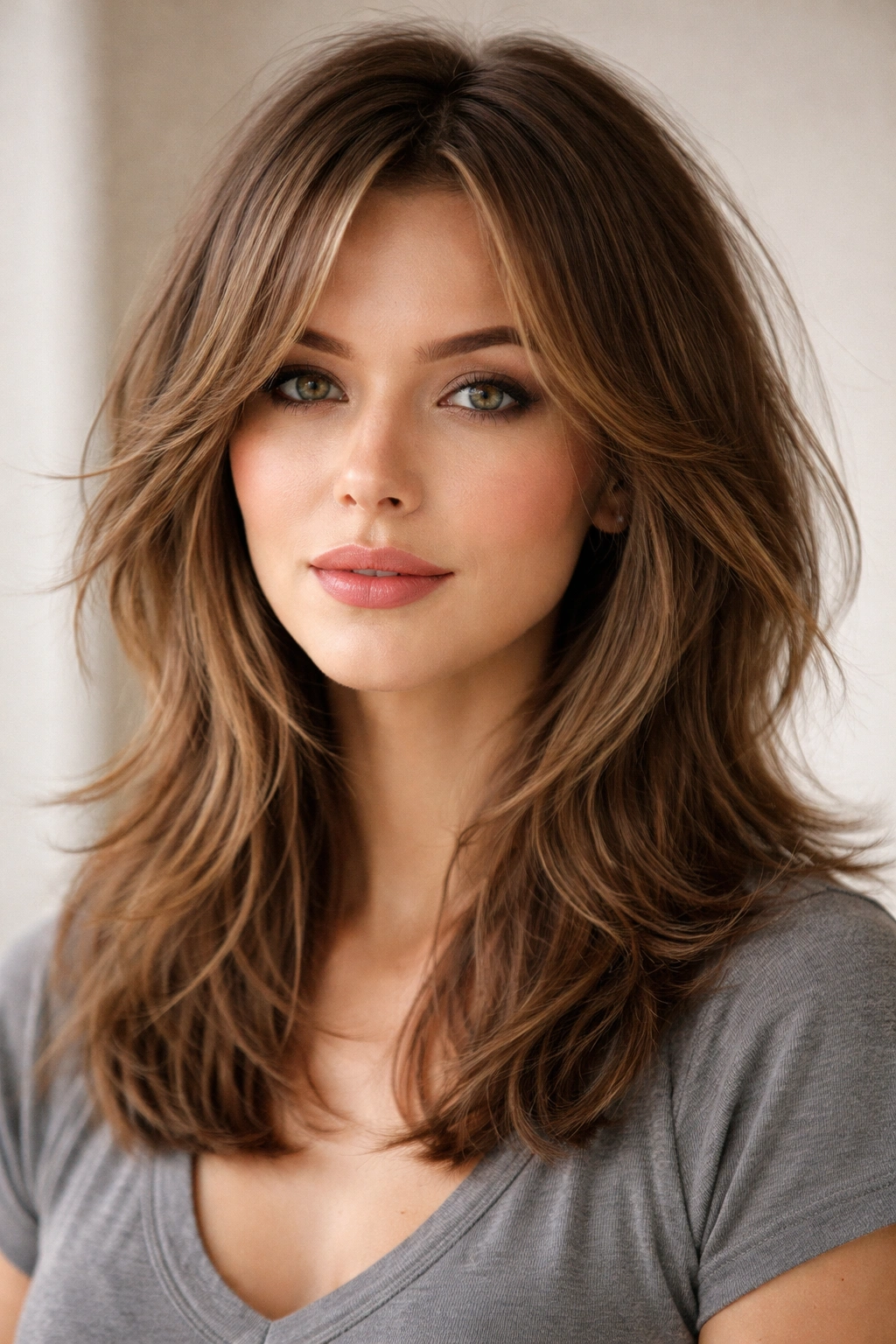Choppy layered hairstyle framing jaw on heart-shaped face