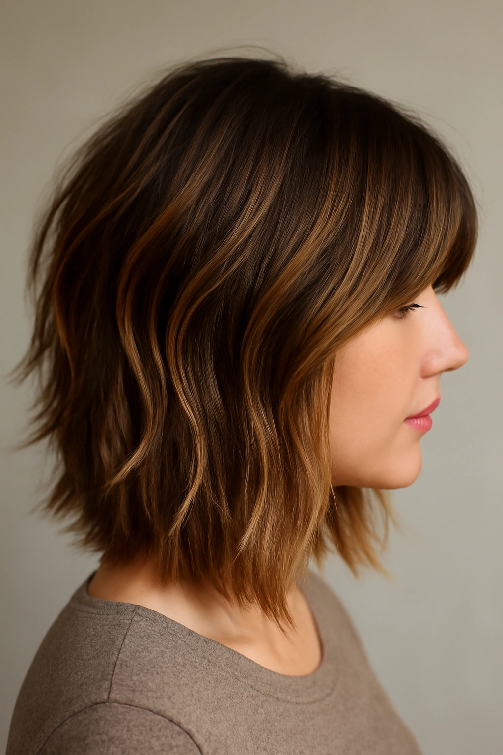 Shoulder-length hair with choppy layers and honey balayage highlighting texture.