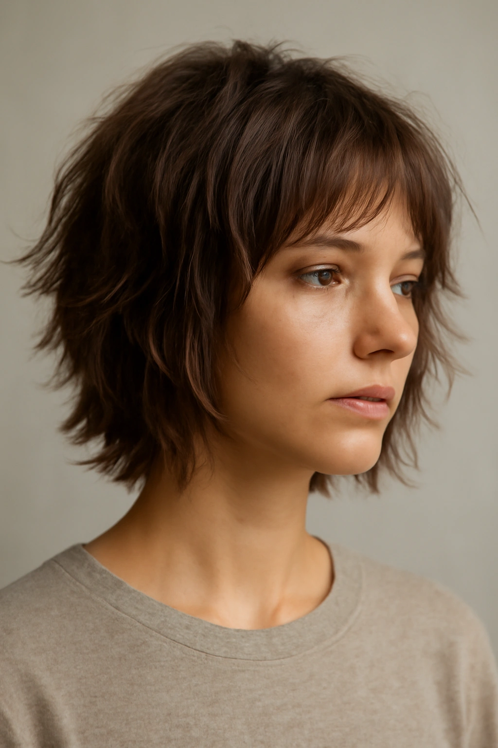 Portrait showing layered, uneven lengths around the head for movement