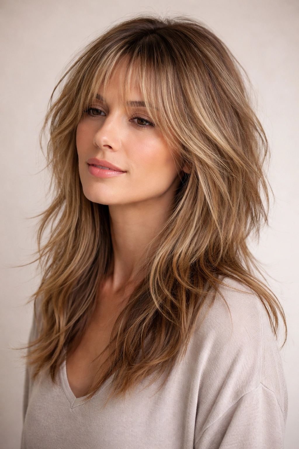 Close-up of The Choppy Layers with Length hairstyle on a model in a neutral studio
