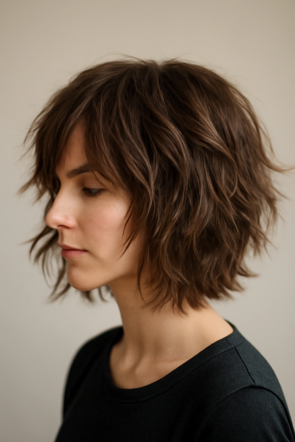 Medium-length hair with irregular choppy layers and visible movement.