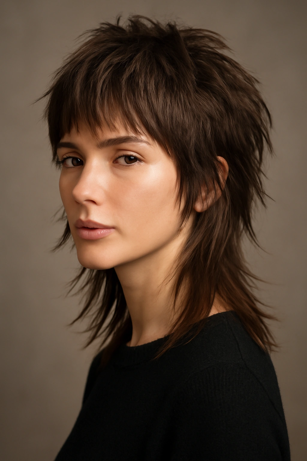 Choppy layered mullet with jagged texture in studio portrait