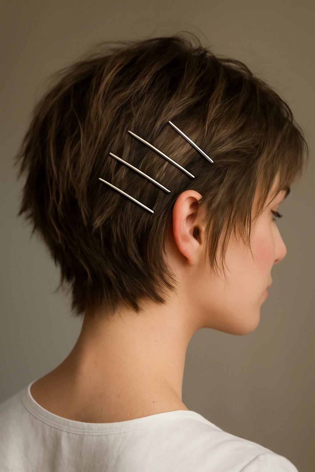 Close-up of short choppy layered hair with metallic bobby pins throughout