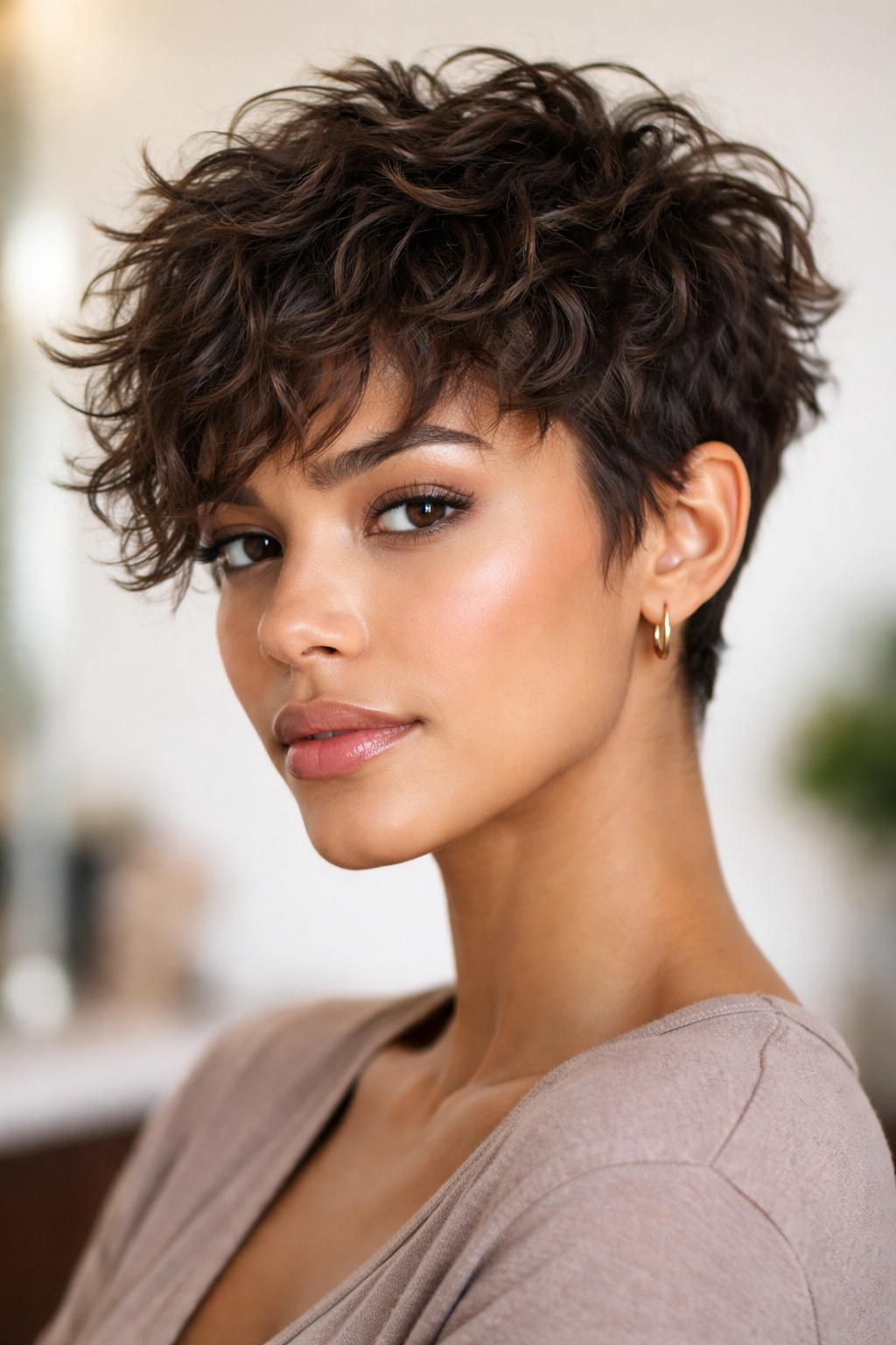 Portrait of a choppy layers pixie with angled textured layers