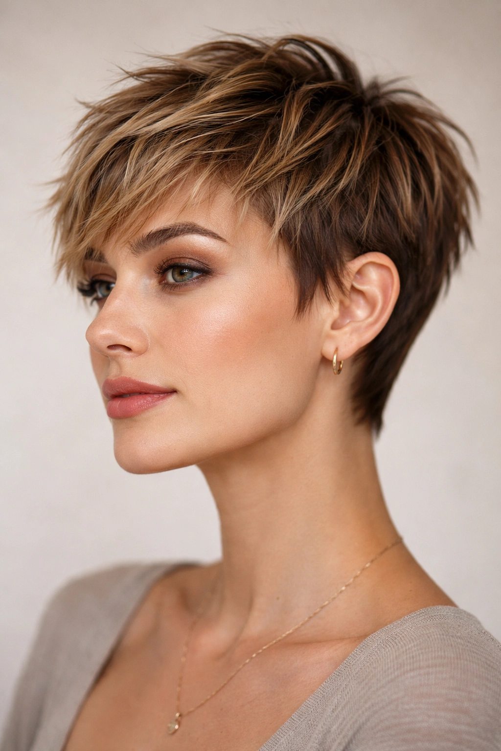 Head-and-shoulders of choppy layers pixie with ears tucked behind