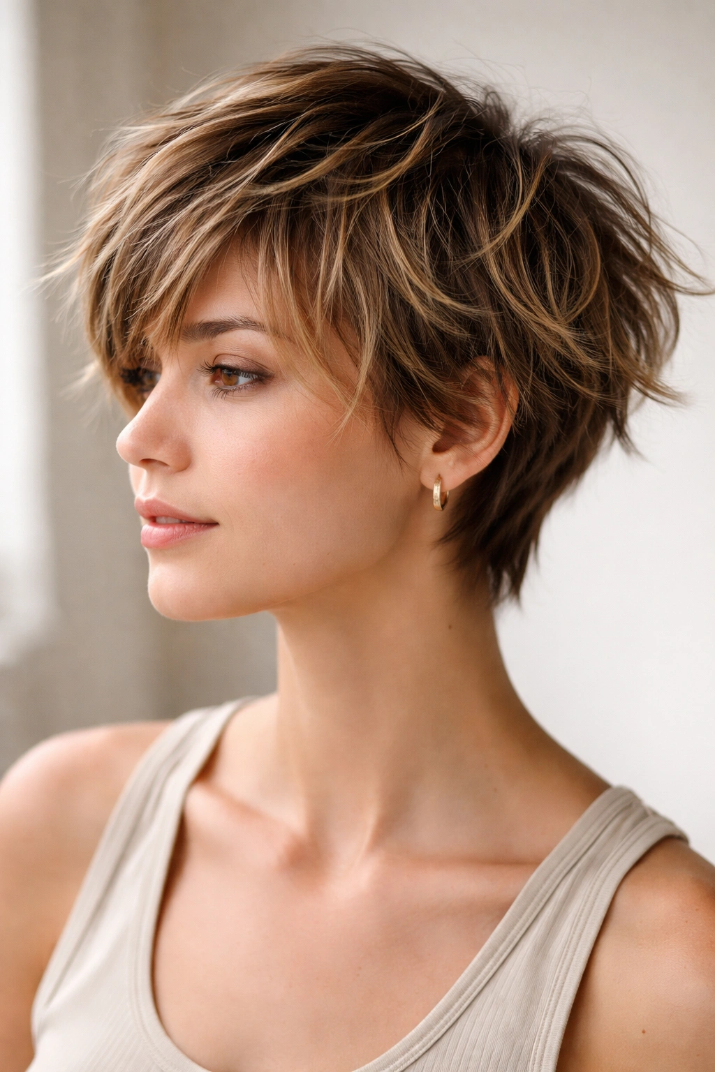Close-up of a person with choppy layered hair and distinct movement in a simple studio