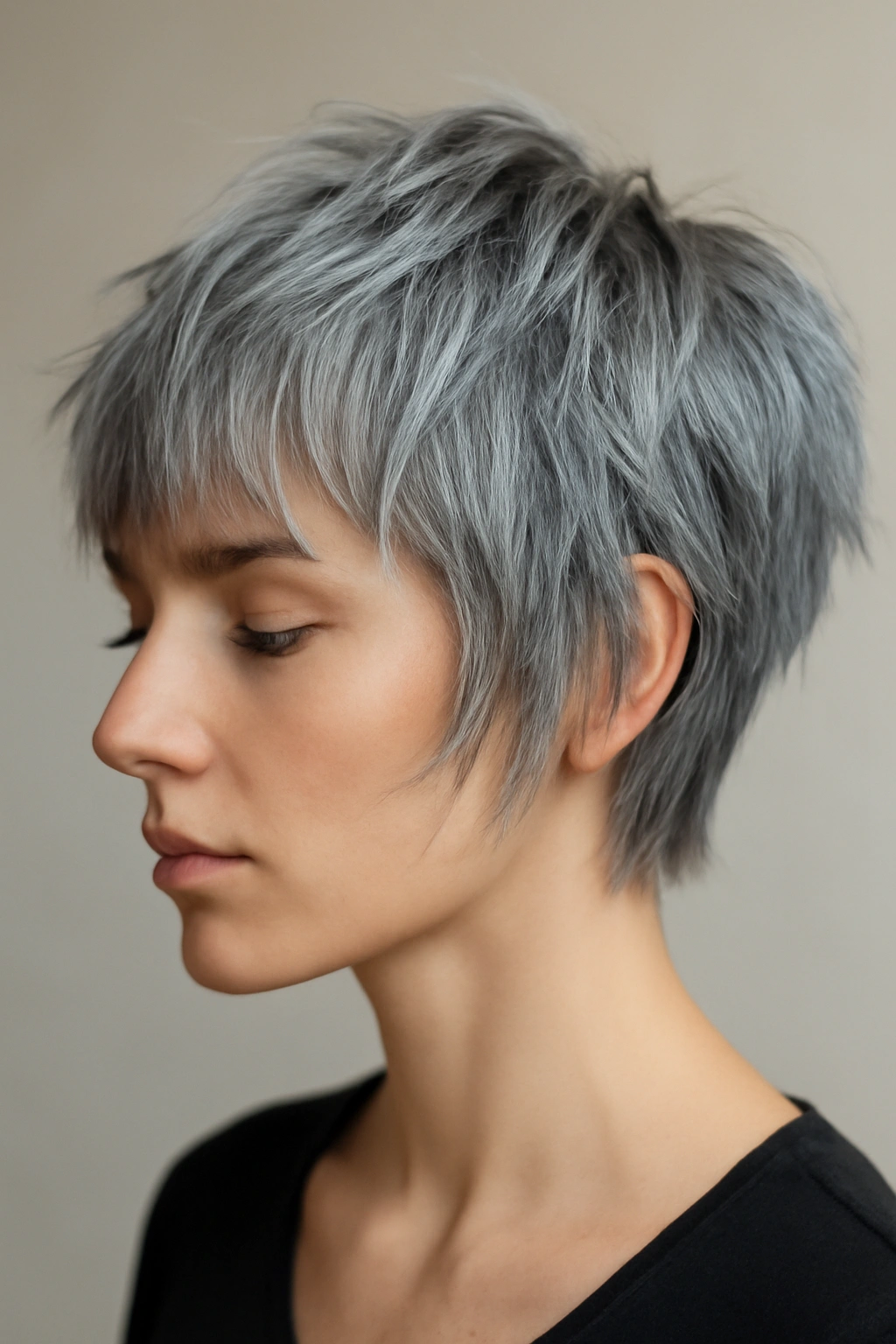 Close-up of choppy layered short hair in silver-grey tones