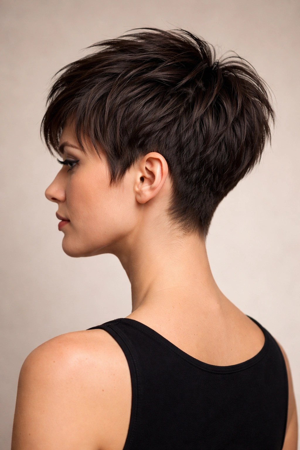 Close-up side profile of a woman with choppy crown layers and a tapered nape