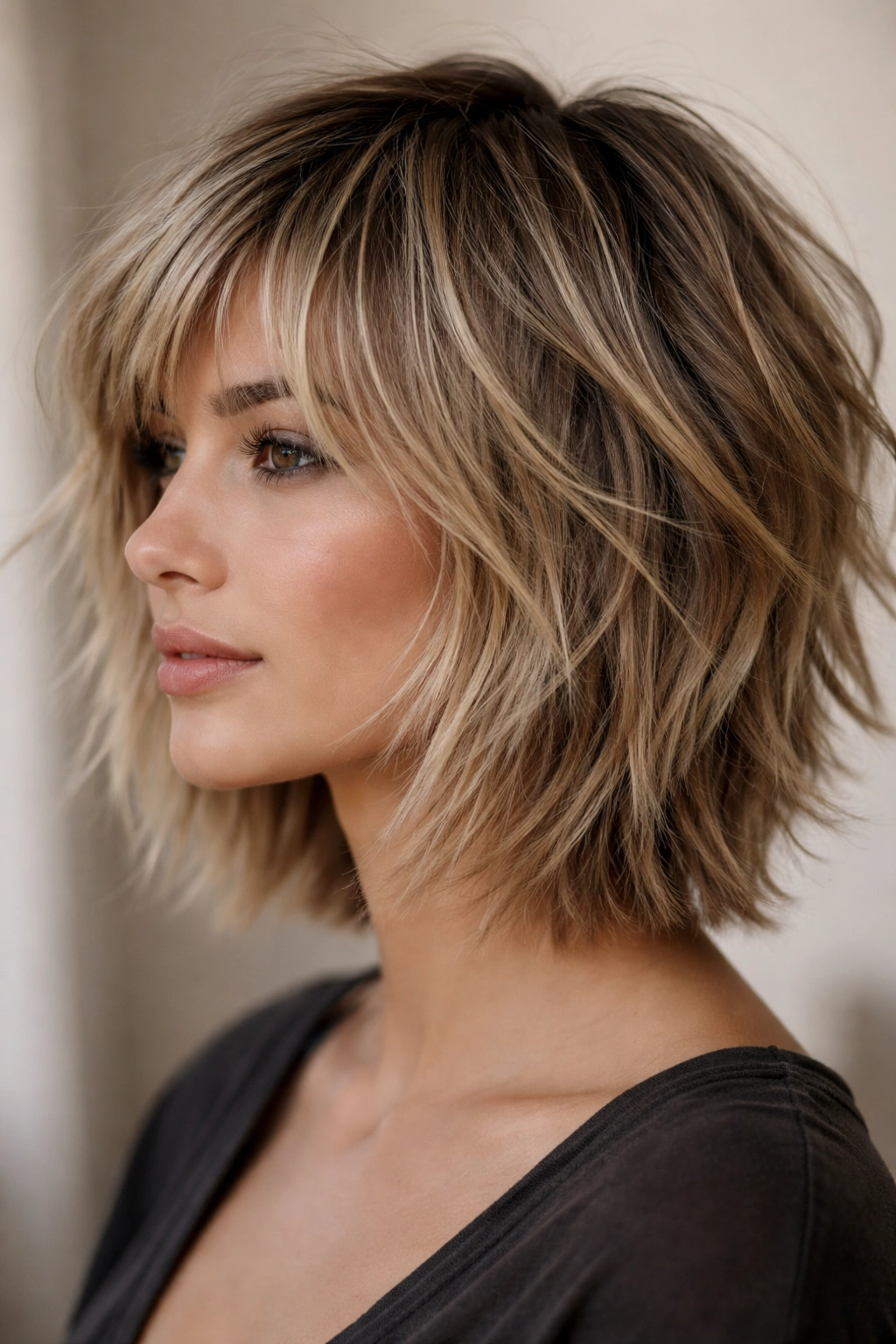 Close-up of choppy layers with jagged lengths and texture