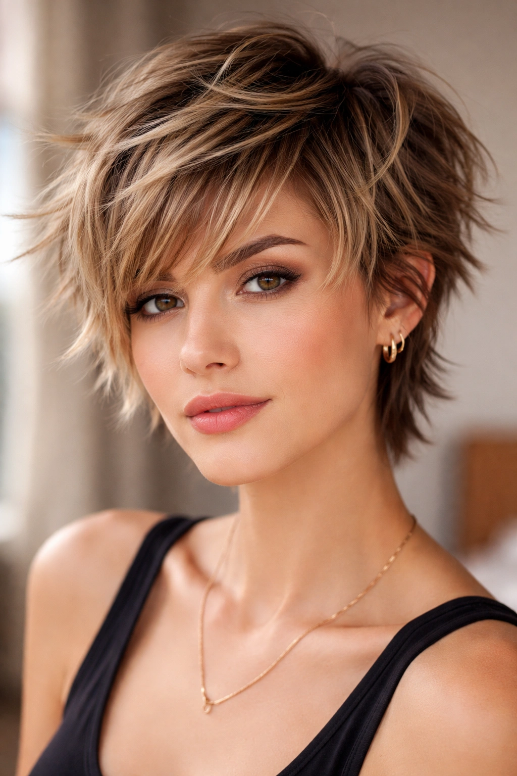 Choppy layered haircut with varied lengths around the head.