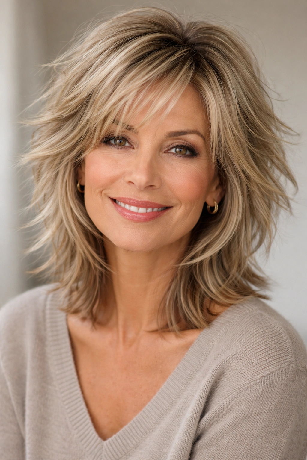 Front view of choppy layered hair with varied lengths and texture.