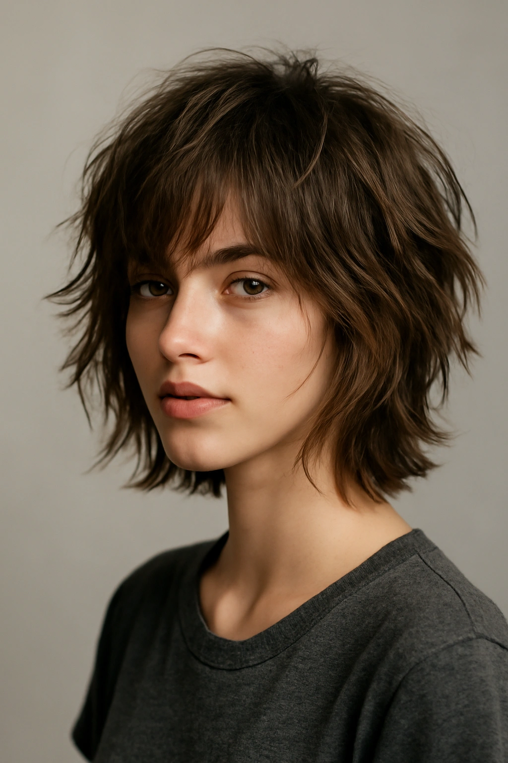 Portrait of head with choppy layered hair showing texture and movement in a studio setting.