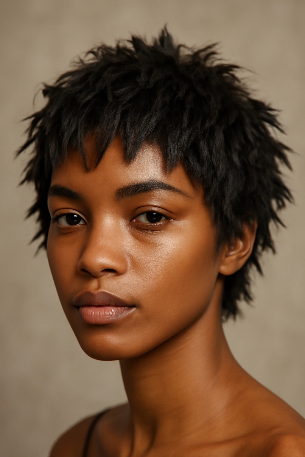 Close-up of a short cut with choppy, irregular layers on textured hair