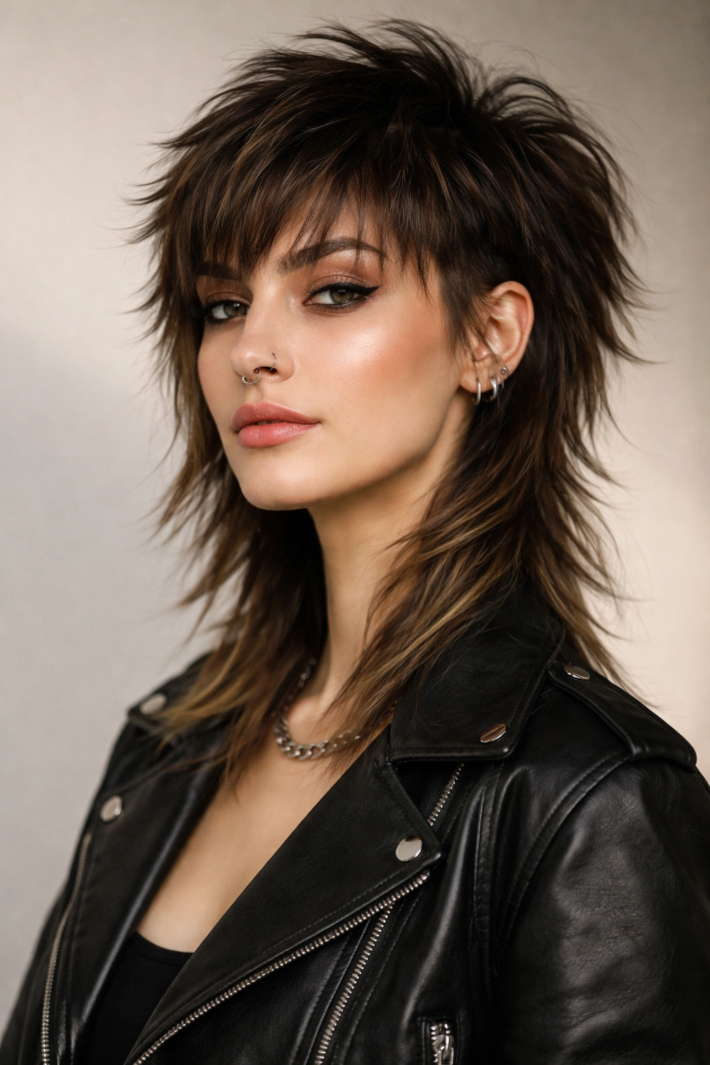 Portrait of a person with choppy layered undercut showing facial-framing wispy layers and longer back
