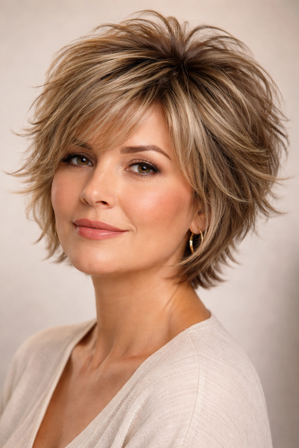 Round-faced person with choppy layers and volume at crown