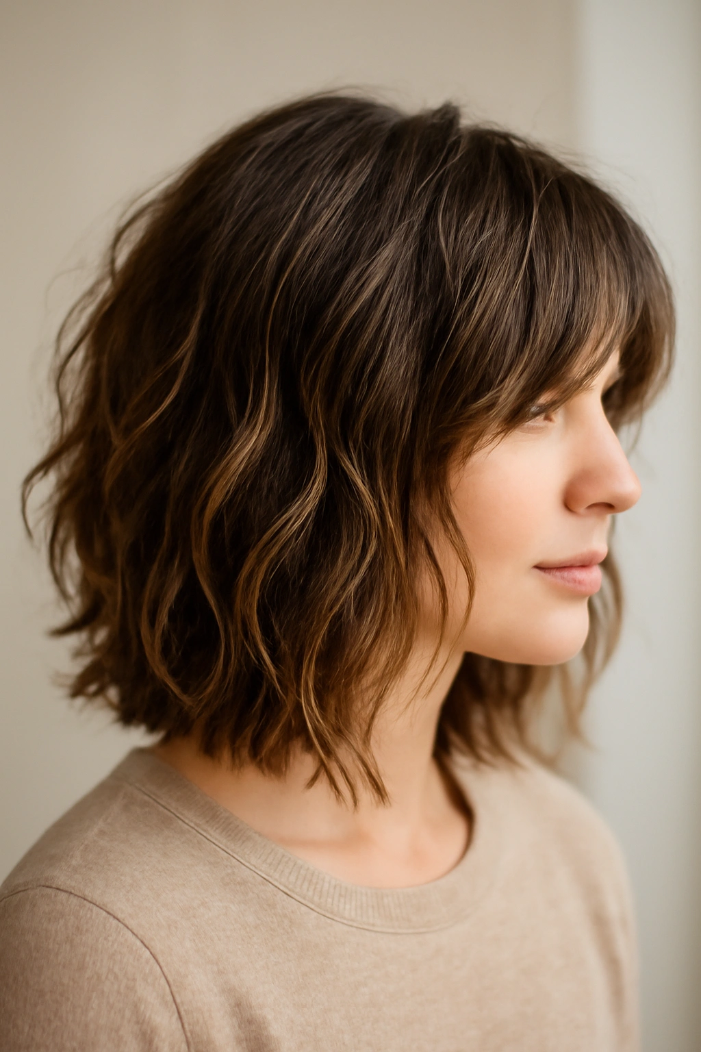 Close-up of choppy layers adding texture to wavy hair in a studio setting.
