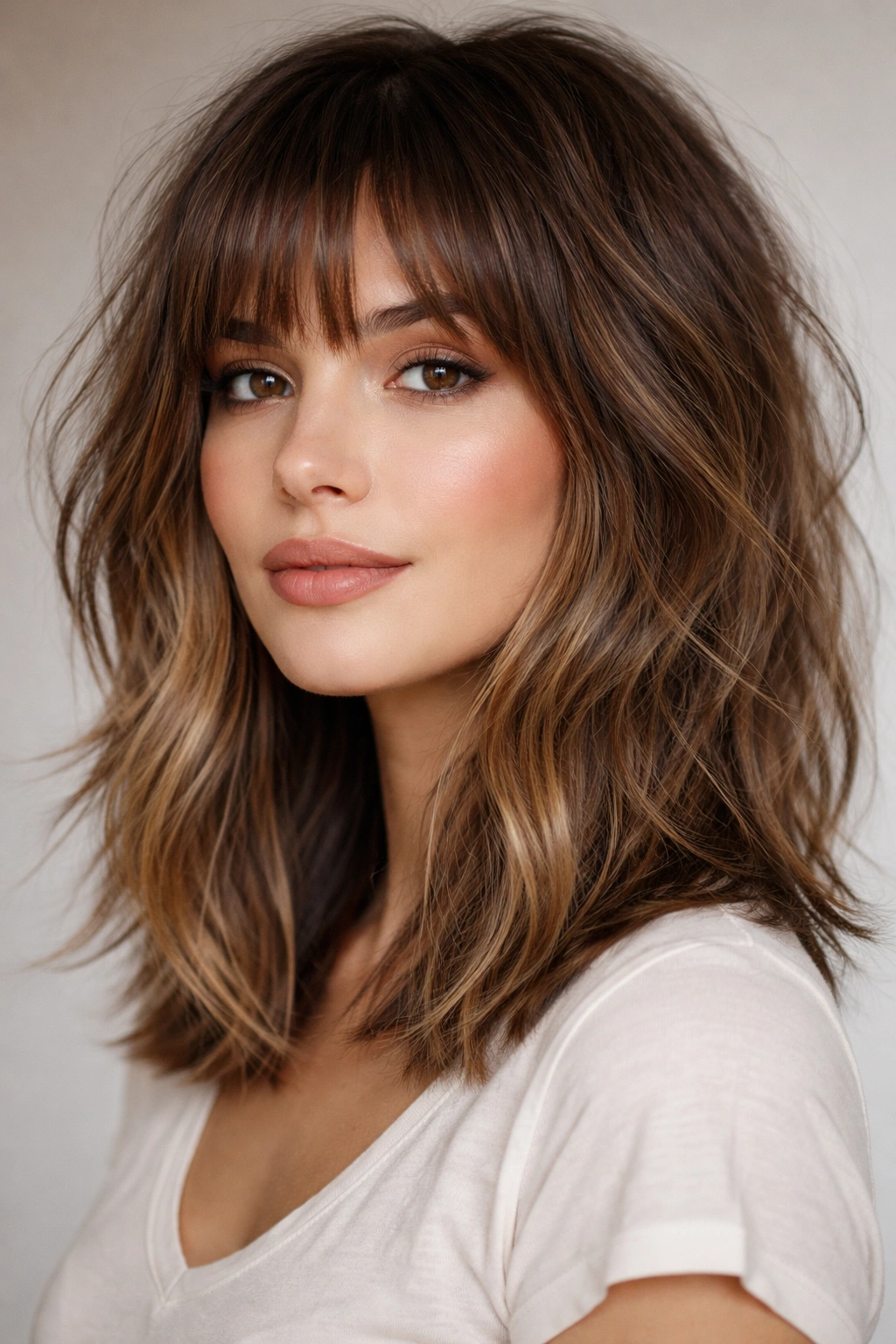 Choppy lob with bangs showing textured layers and face-framing bangs