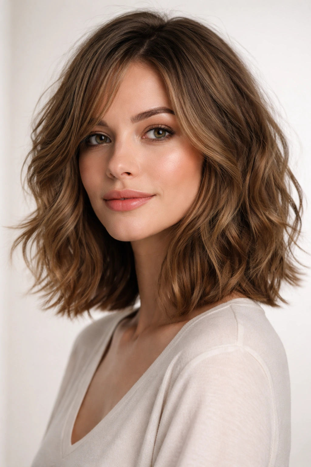 Three-quarter view of The Choppy Lob on fine wavy hair highlighting choppy texture