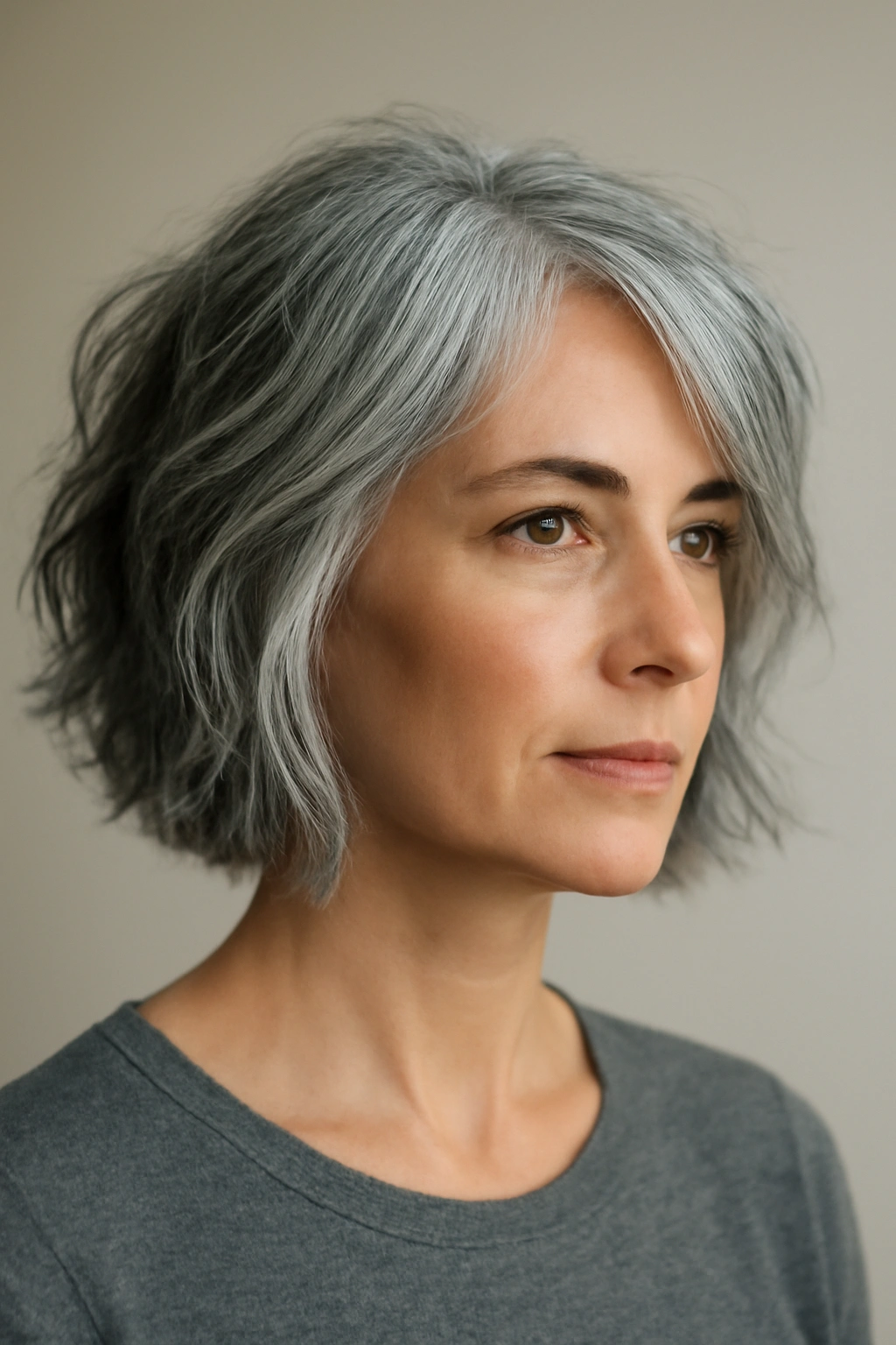 Portrait of a gray-haired woman wearing a choppy layered lob
