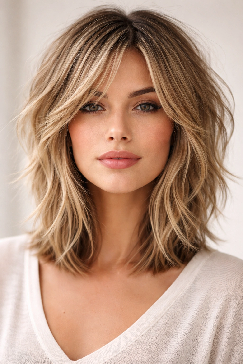 Choppy lob hairstyle with varied lengths and textured edges.