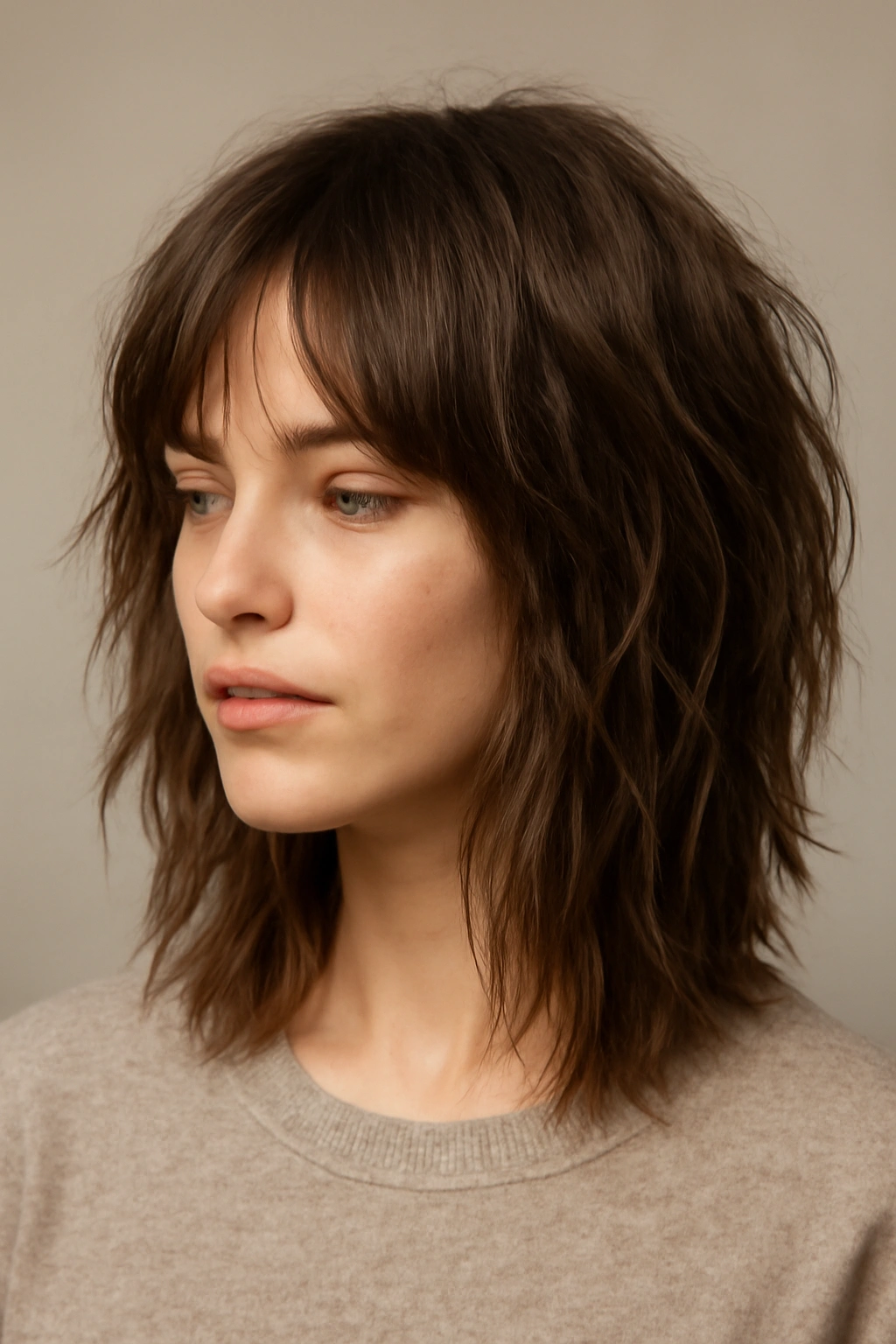 Three-quarter view of The Choppy Lob with Layers highlighting jagged face-framing layers and textured ends