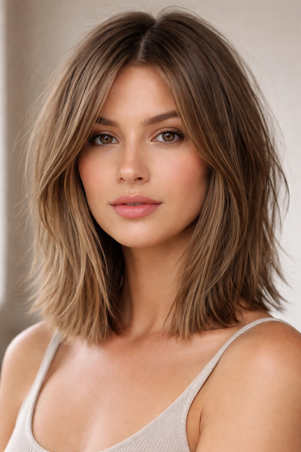 Close-up of a straight lob with choppy, piece-y layers creating texture