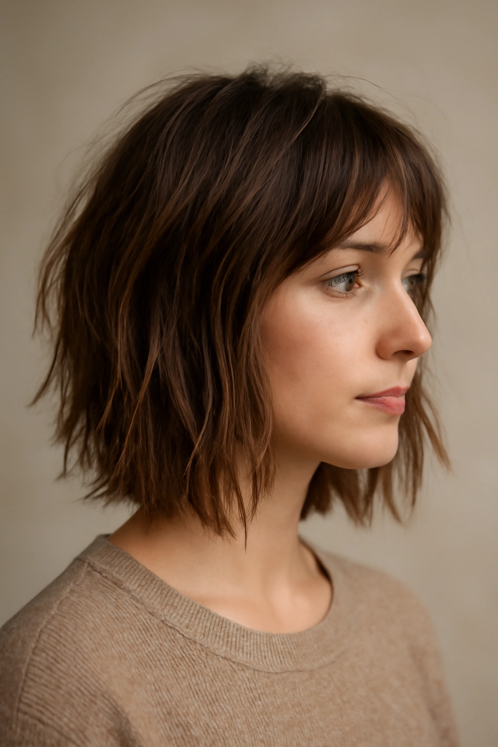 Shoulder-length lob with heavy texture and uneven ends.