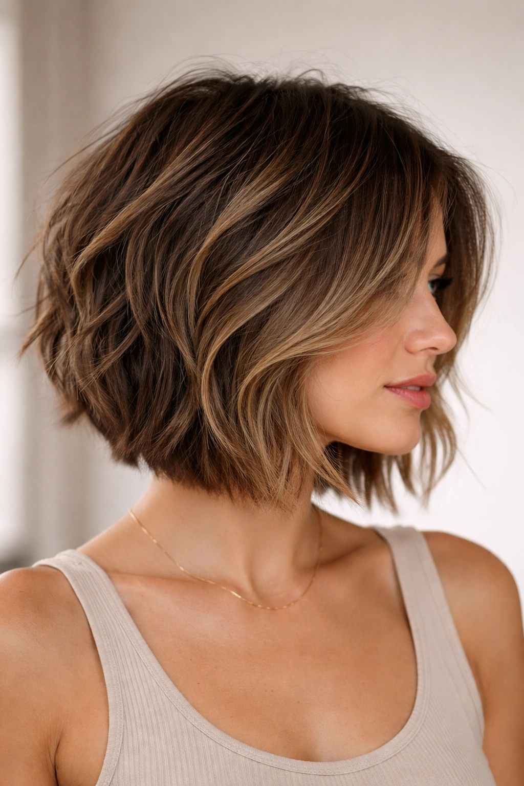 Choppy medium stack hairstyle showing pronounced layers and texture