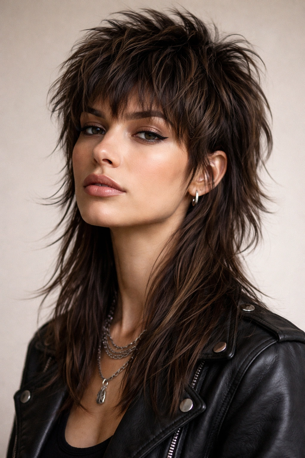 Close-up of choppy mullet hairstyle with short textured crown and long underlayers