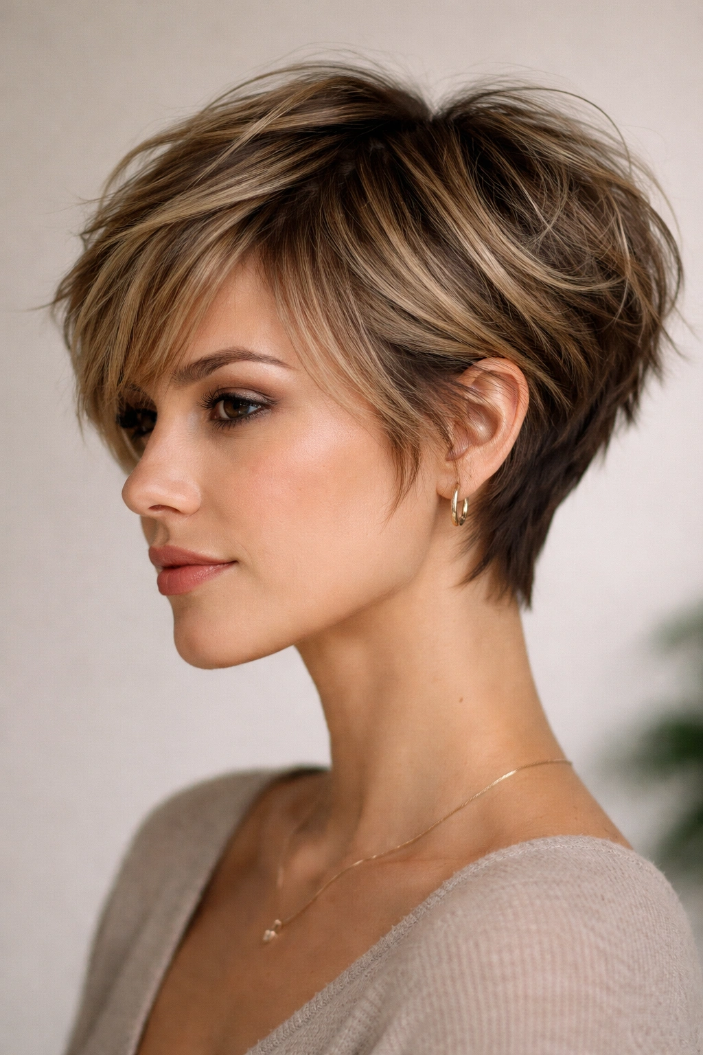 Choppy pixie bob with textured layers creating width and movement