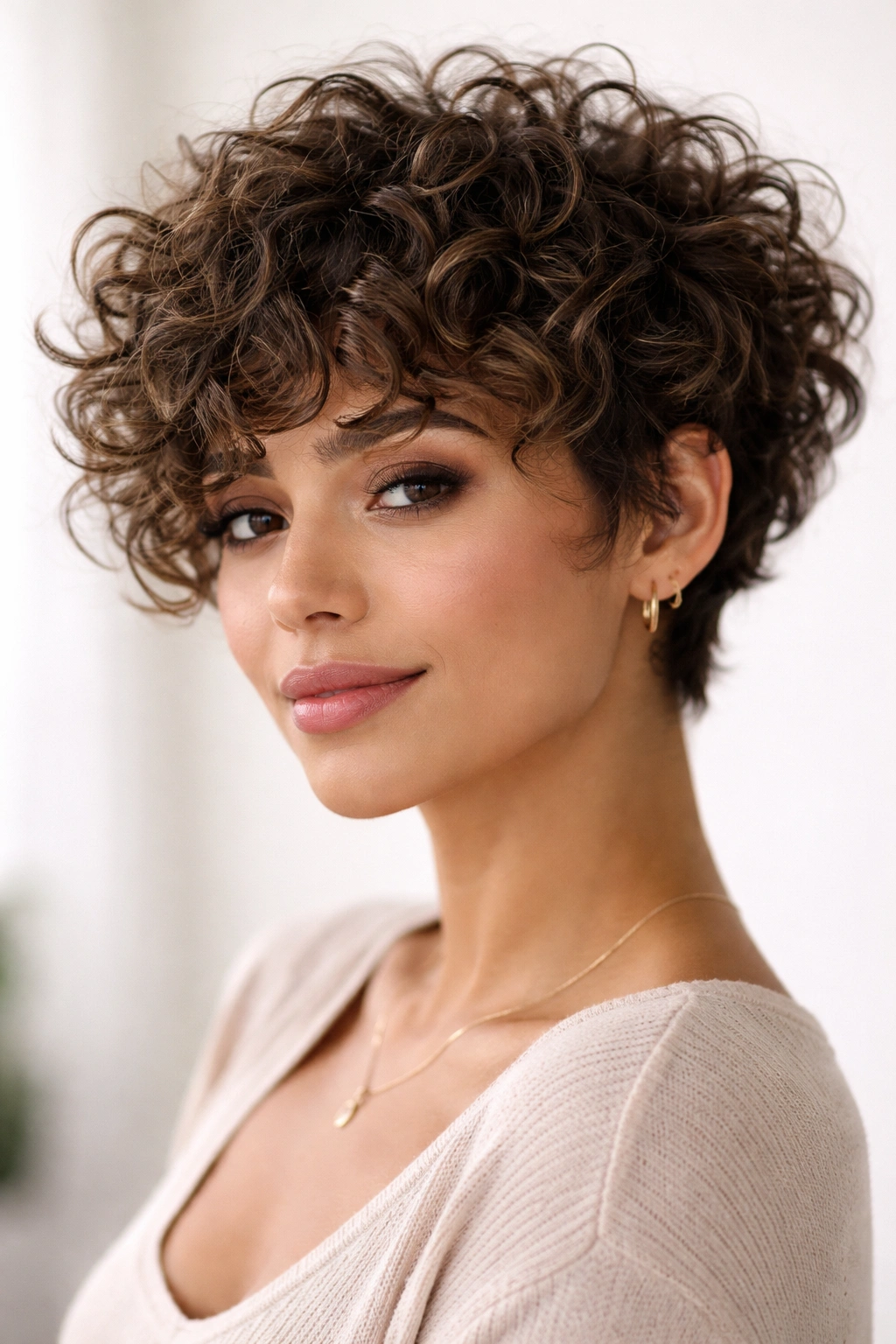 Close-up portrait of a person with a short choppy pixie-bob and defined curls