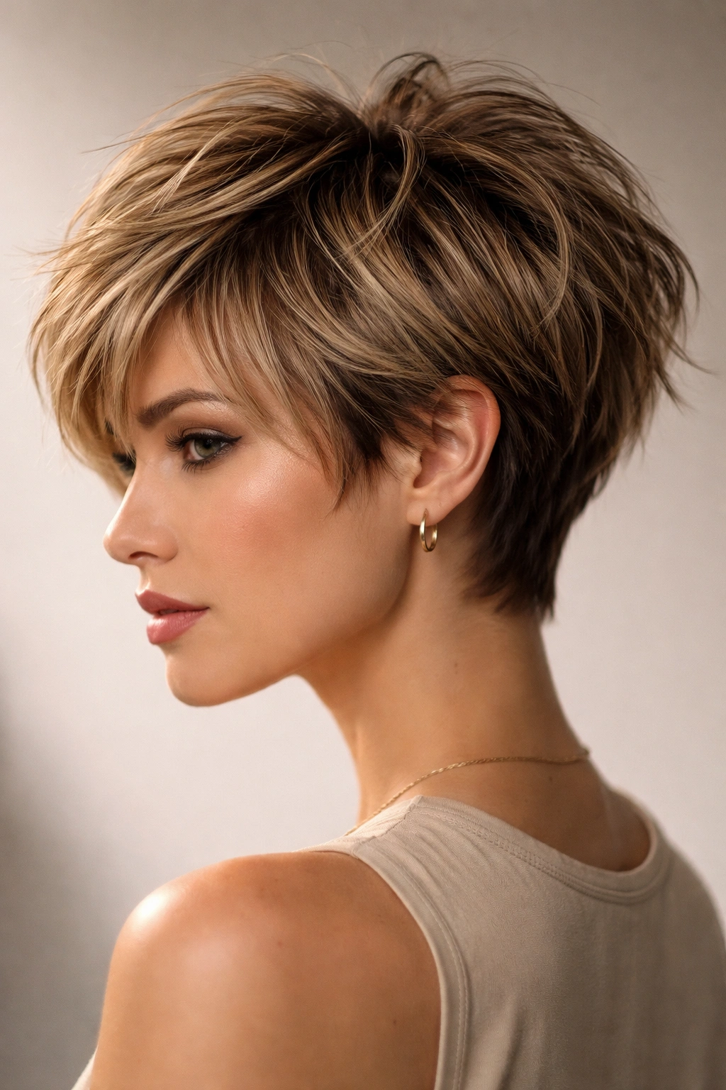 Close-up of a model with a choppy pixie bob showing jagged top layers and longer back.