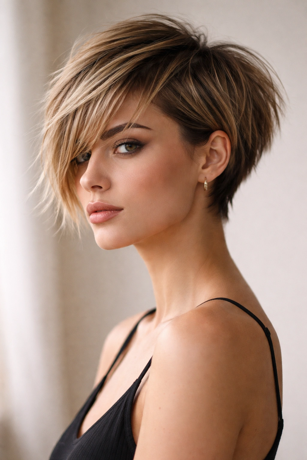 Choppy pixie-bob hybrid with short back and longer front for dramatic silhouette
