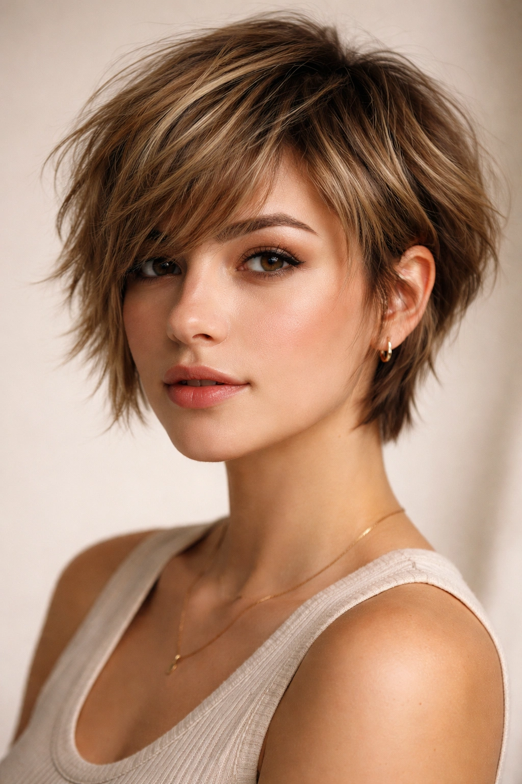 Choppy pixie-bob hybrid with undone texture around the sides and top.