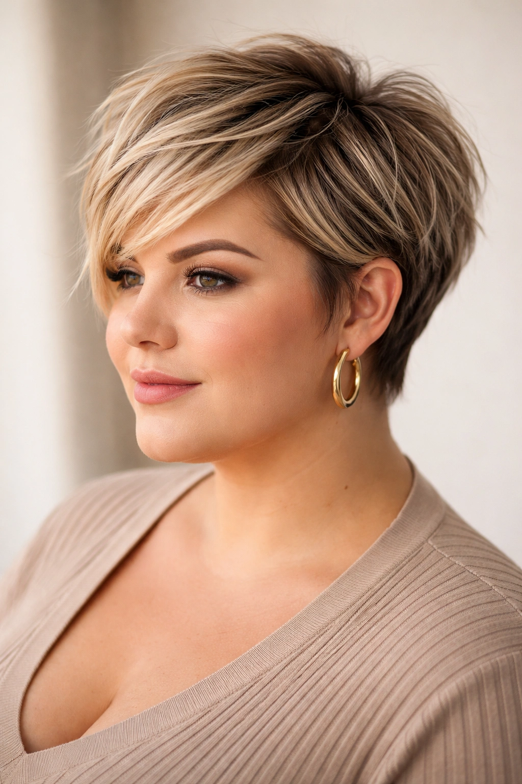 Portrait of a model wearing a choppy pixie-bob hybrid with textured layers.