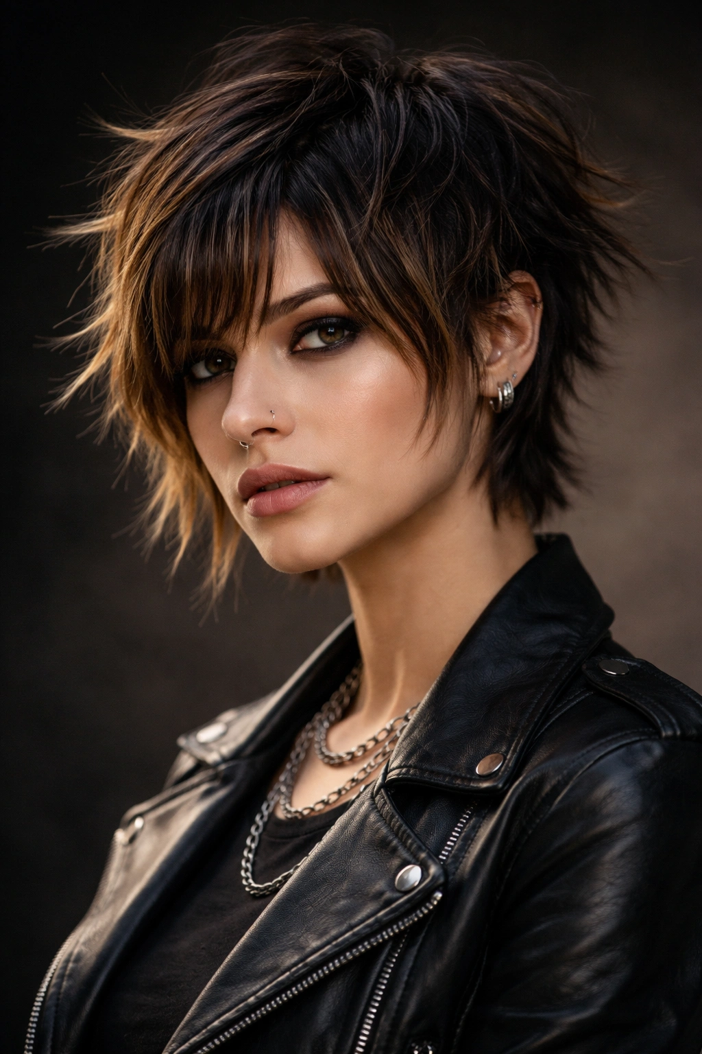 Portrait of a person with a choppy pixie and rocker curtain bangs showing bold texture