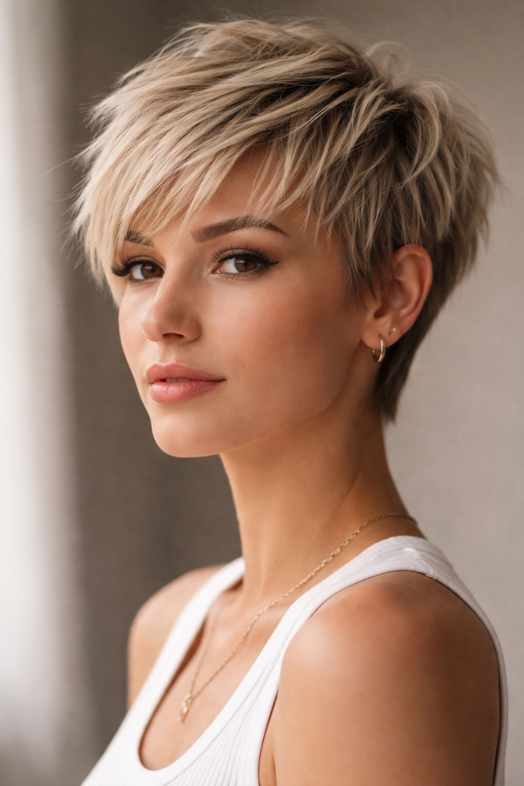 Close-up of straight-hair head with choppy pixie cut showing textured layers