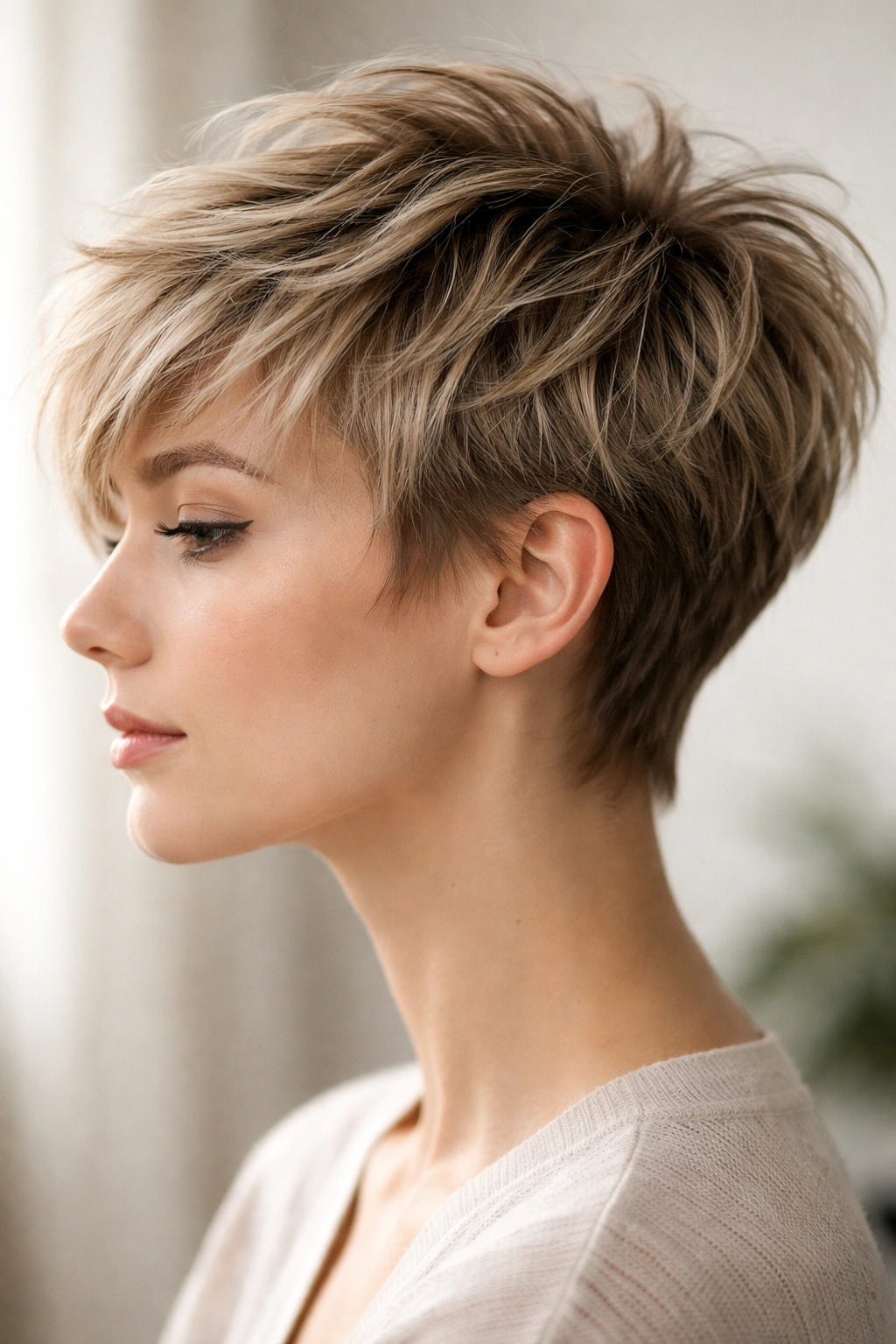 Close-up of choppy pixie with prominent crown volume