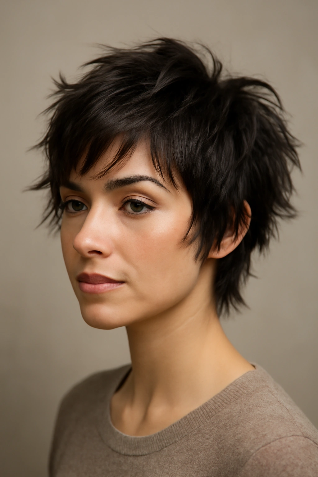 Close-up of a choppy layered pixie with jagged layers