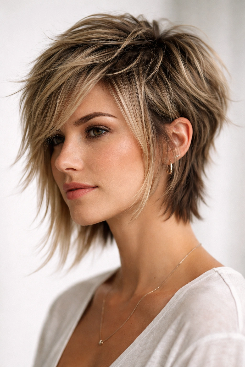 Choppy textured crown to front-layer transition hairstyle with face framing