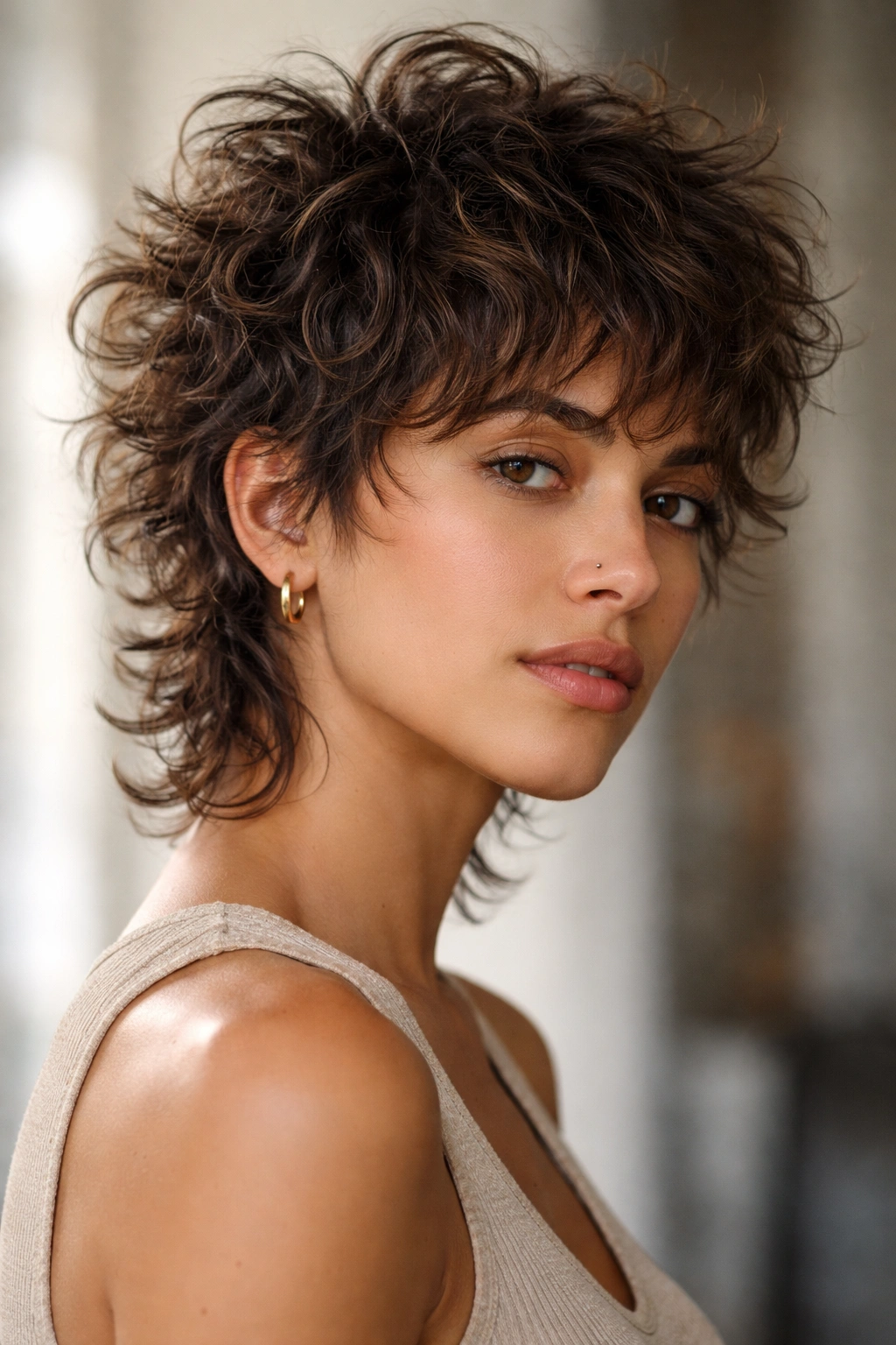 Close-up head-and-shoulders portrait of The Choppy Pixie Shag with short crown and shaggy back