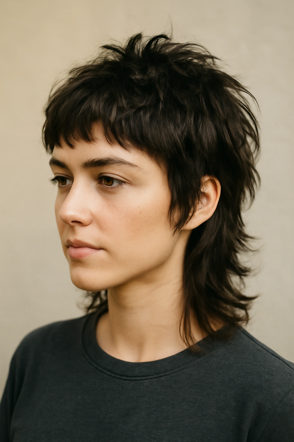 Front three-quarter view of a choppy pixie shag hybrid hairstyle
