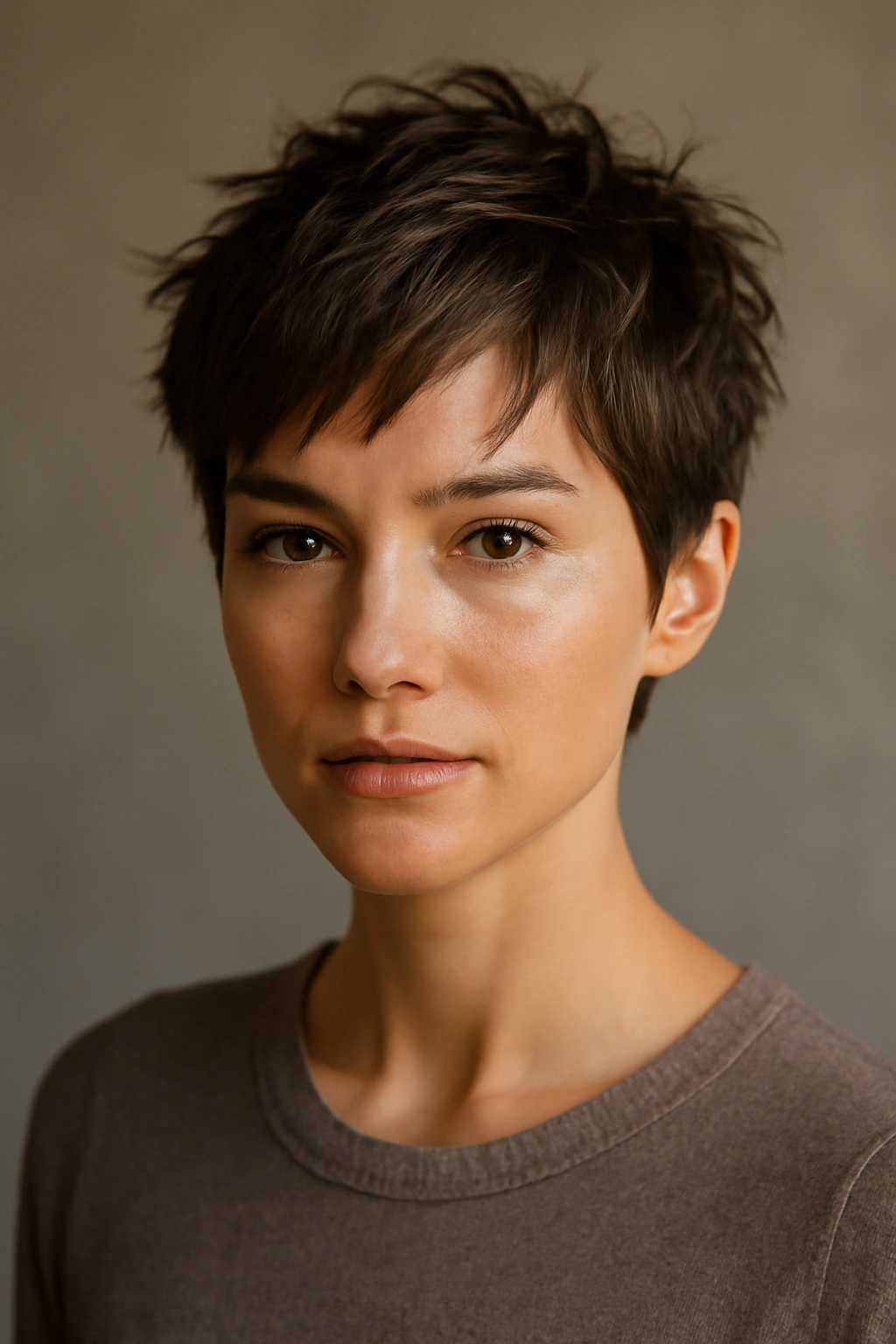 Close-up portrait of a woman with a choppy pixie crop and textured layers